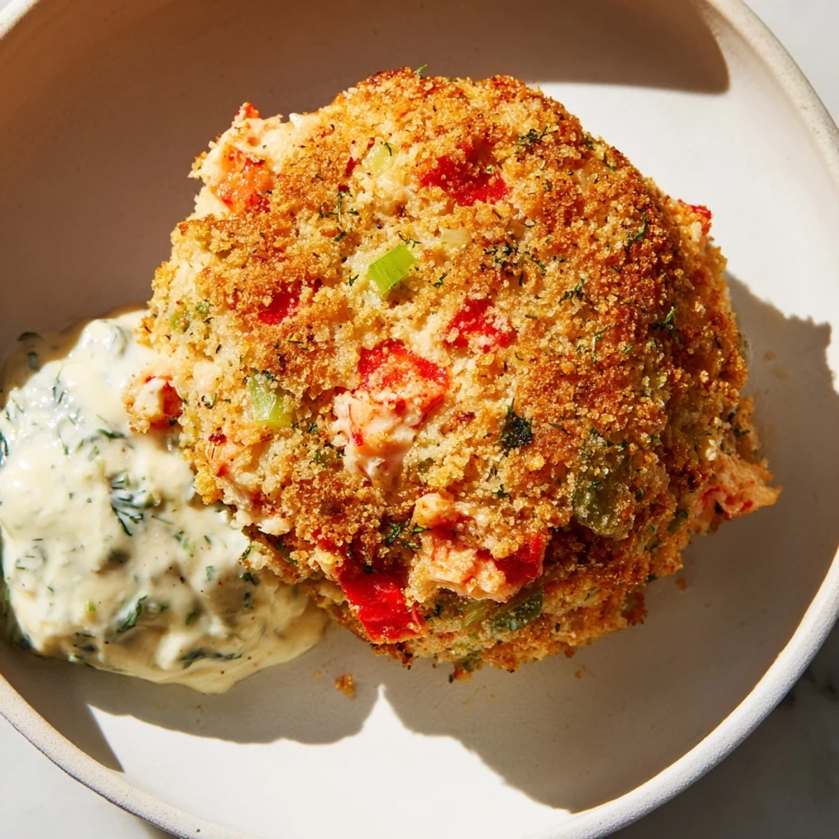 Golden-brown Cajun Crab Cakes with Remoulade Sauce sit atop fresh greens, garnished with lemon wedges for a bright, tangy finish.