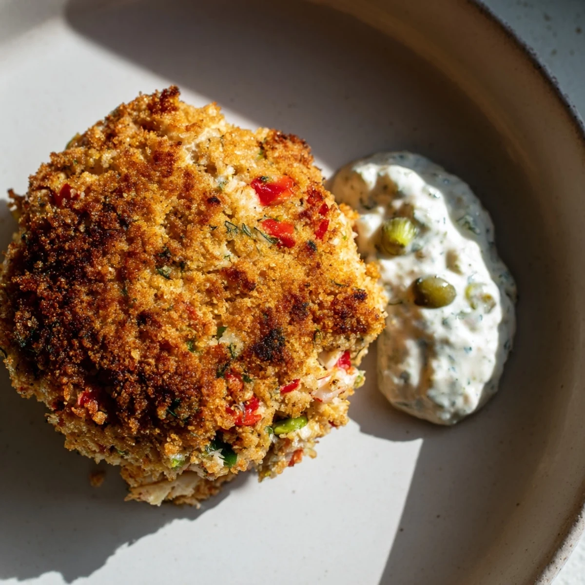 Sizzling Cajun Crab Cakes with Remoulade Sauce in a skillet, ready to be served with lemon wedges and fresh parsley.