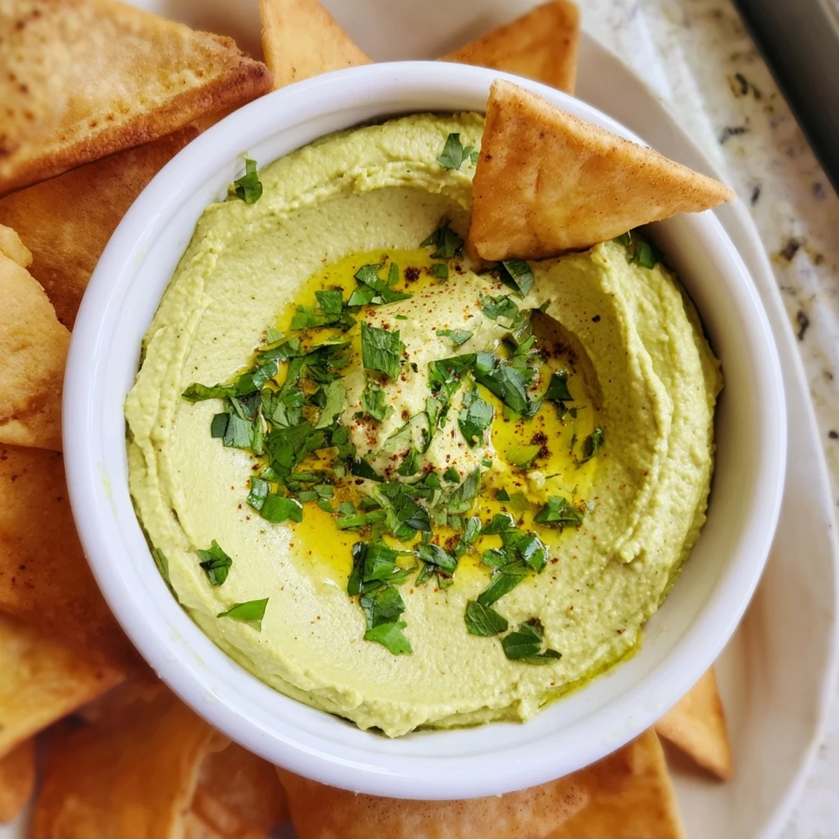 Creamy green avocado hummus with pita chips in a rustic bowl, topped with olive oil and fresh cilantro.