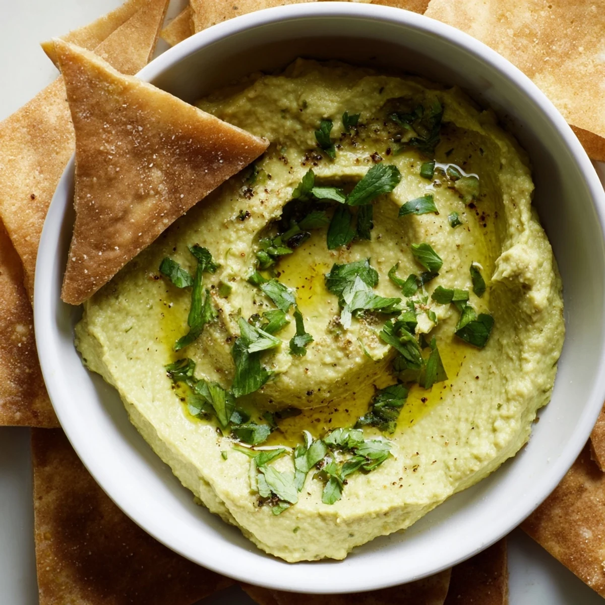 Green avocado hummus dip paired with crispy pita chips, garnished with herbs and ready for a party platter.