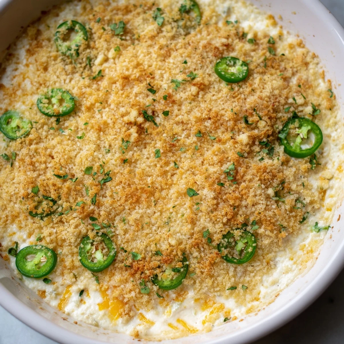 Freshly baked Super Bowl Jalapeño Popper Dip in a ceramic dish, creamy and cheesy with chopped jalapeños and parsley.  