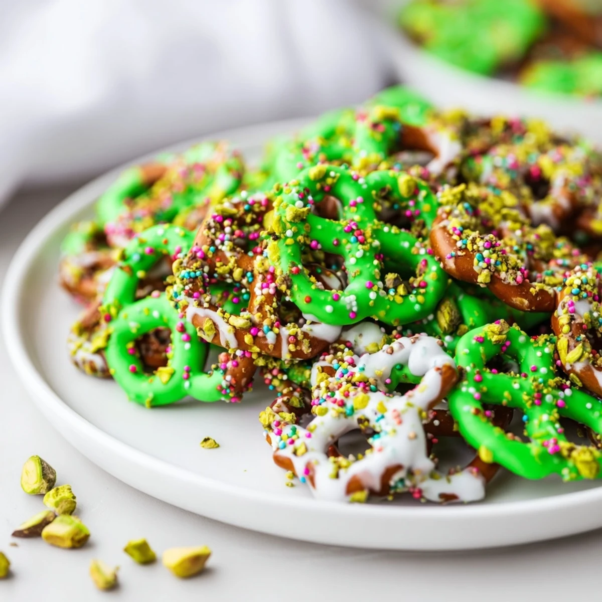 Vibrant green chocolate coats crunchy mini pretzels, creating sweet-salty Pretzel Treats sprinkled with colorful toppings for a festive snack.
