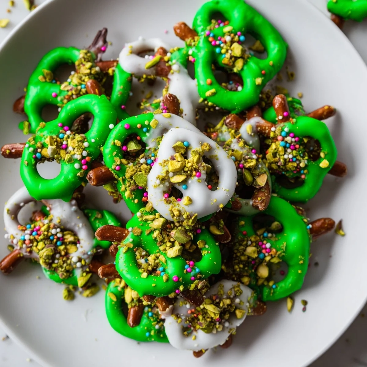 Perfect for holiday parties, these bite-sized Pretzel Treats glisten with green chocolate and optional pistachio or chocolate chip garnish.