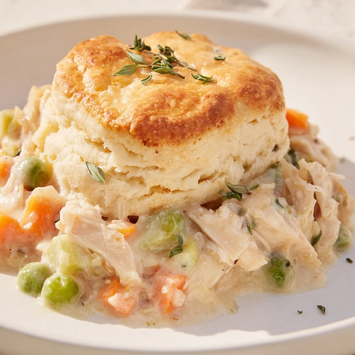 Fresh thyme aromas rise from the steaming Chicken Pot Pie with Biscuit Crust, ready to serve.