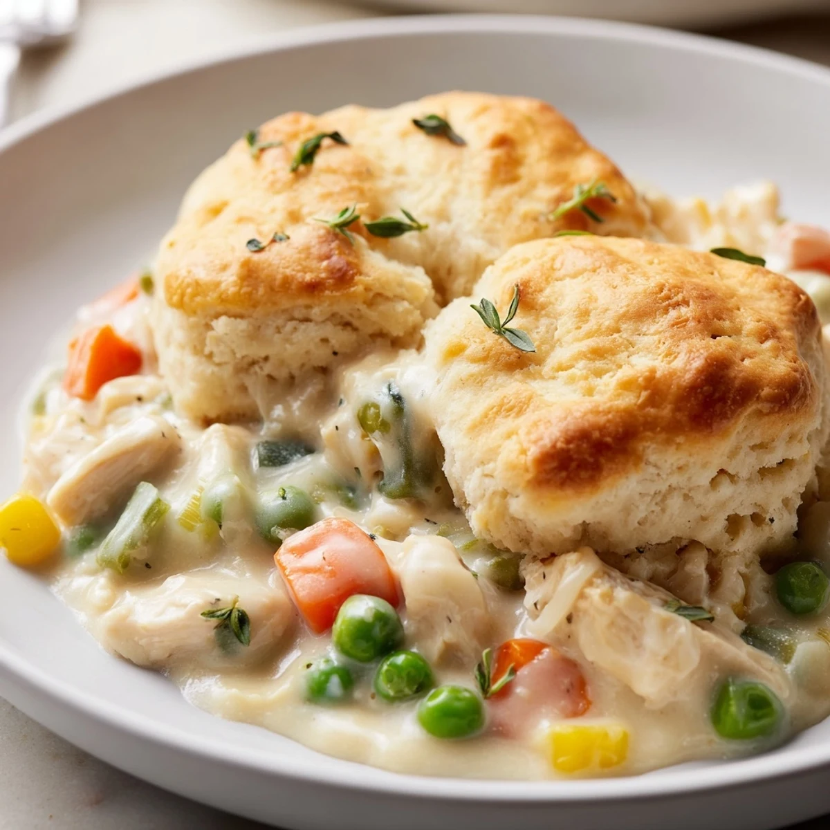 Homemade Chicken Pot Pie with Biscuit Crust rests in a dish, spoon lifting a hearty serving.