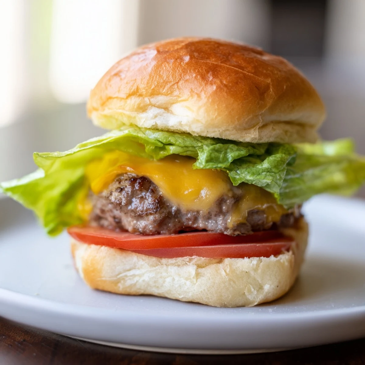 Golden beef sliders with melted cheddar cheese on toasted buns, topped with fresh lettuce and tomato, ready to serve.