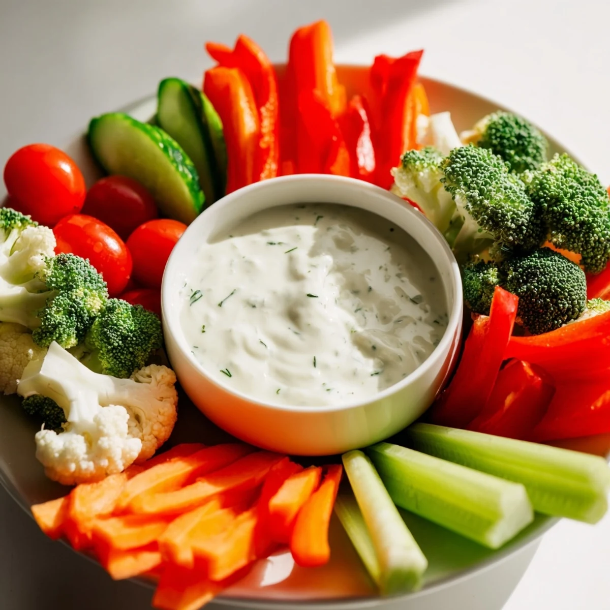 Colorful vegetable platter with ranch dip in the center, surrounded by celery sticks, red bell pepper strips, and crunchy cauliflower florets.