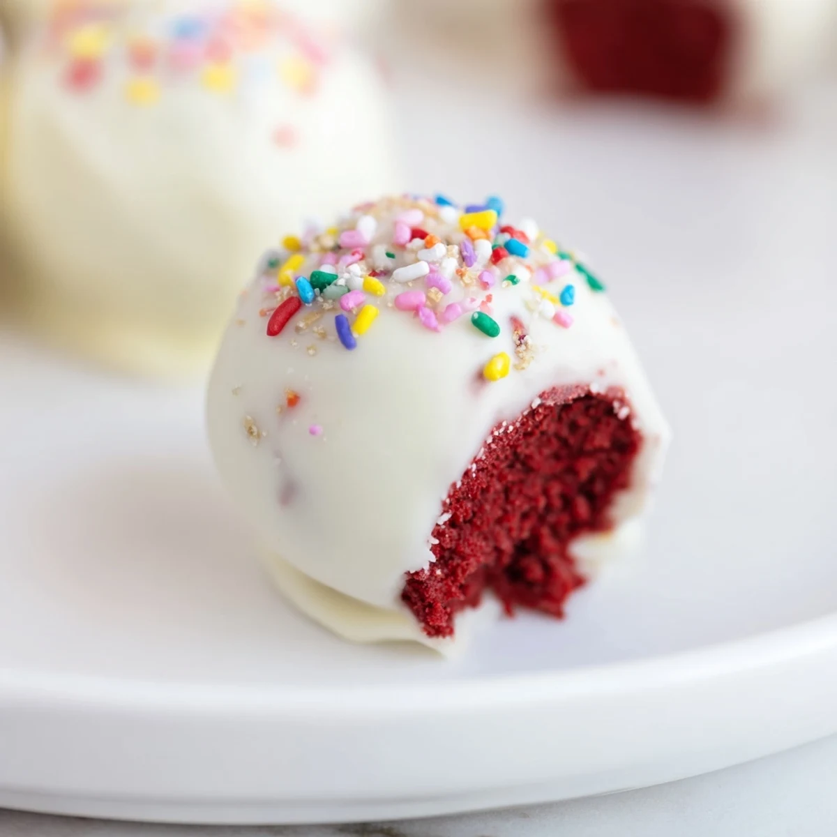 A close-up of bite-sized Red Velvet Cake Pops on a stand, decorated with festive sprinkles.  