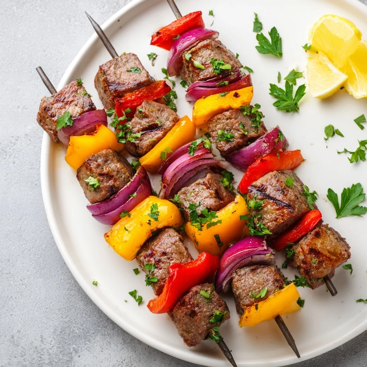Juicy beef sausage pieces and colorful peppers, skewered and grilled for a smoky flavor, ideal for summer barbecues.