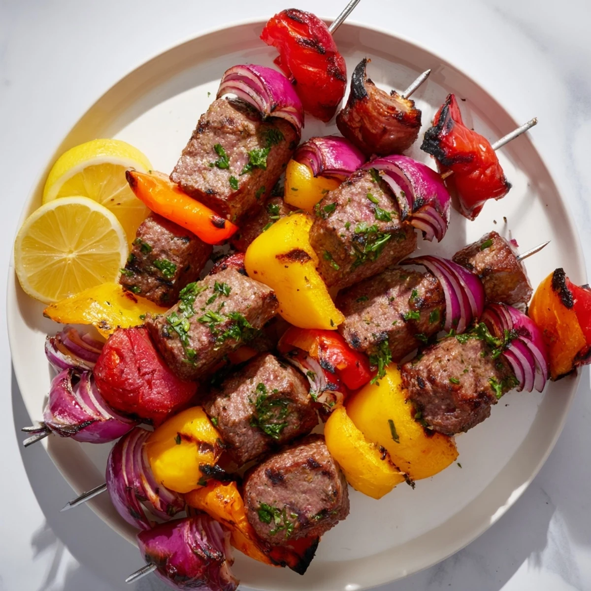 Close-up of sizzling beef sausage skewers with red and yellow peppers, garnished with fresh parsley and lemon wedges.