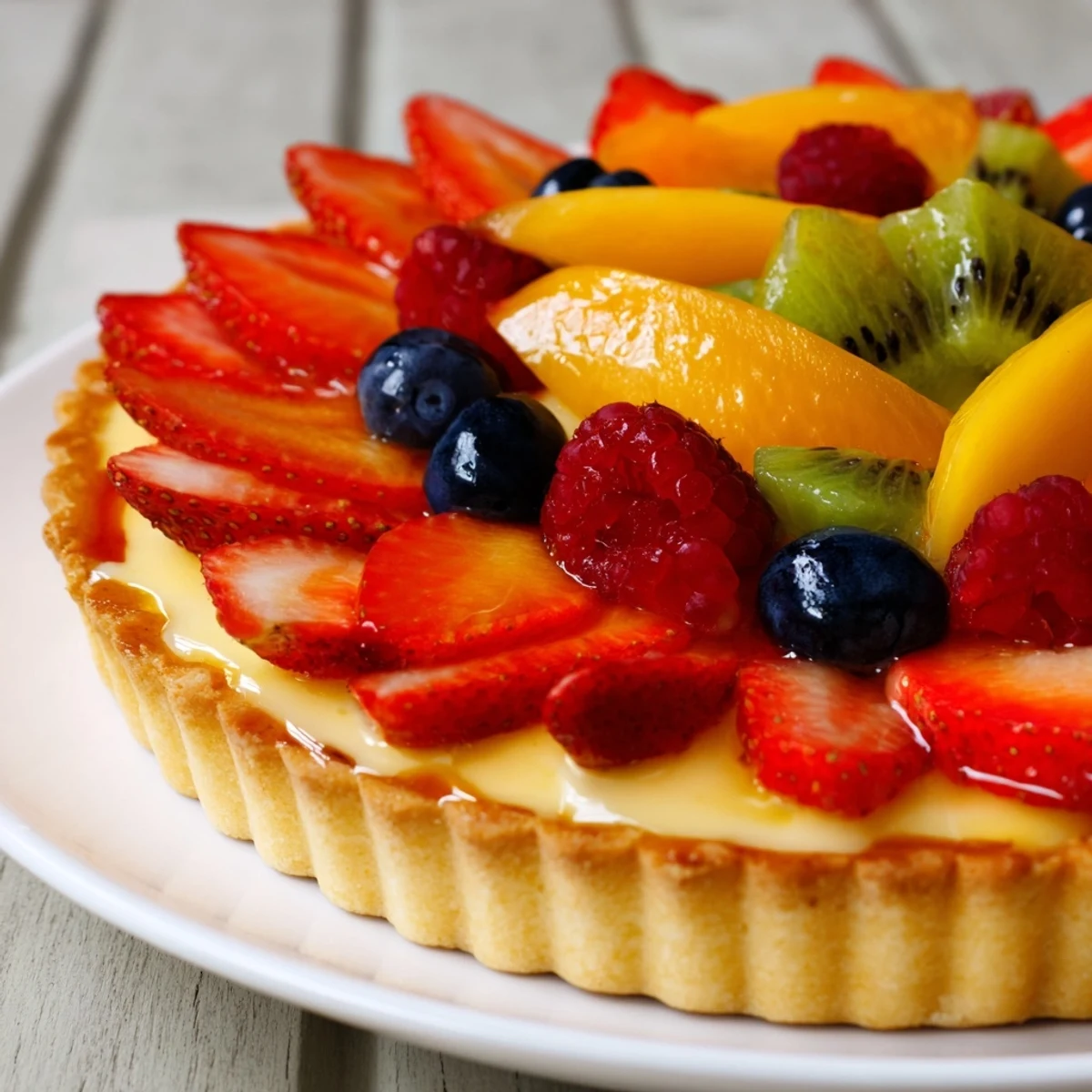 A freshly baked Fruit Tart with Vanilla Custard sits on a marble counter, featuring a golden crust, silky custard, and vibrant fresh berries arranged in an elegant pattern.