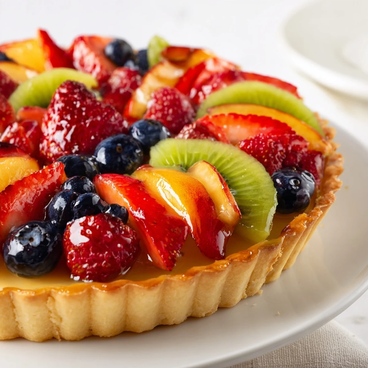 This close-up shot of a Fruit Tart with Vanilla Custard showcases sliced strawberries, blueberries, and kiwi nestled in smooth vanilla cream, ready to be served.