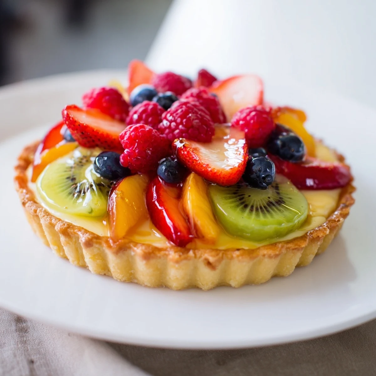 Sunlight streams onto a beautiful Fruit Tart with Vanilla Custard, highlighting the glossy apricot glaze on a colorful medley of seasonal fruit toppings.