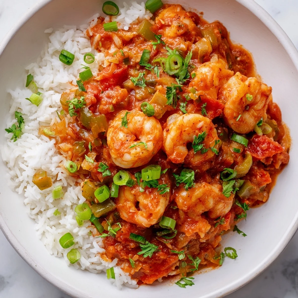 A close-up of Shrimp Creole served over fluffy white rice, featuring plump pink shrimp nestled in a rich, tomato-based sauce.
