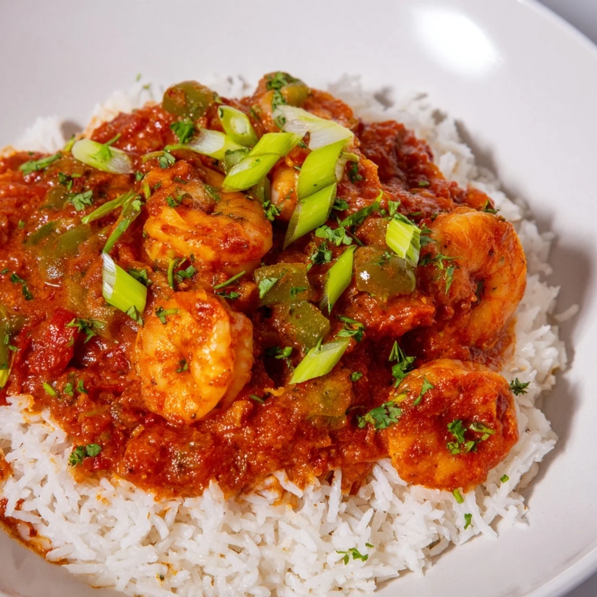 Hearty Shrimp Creole simmered in a spicy tomato sauce, served alongside fluffy white rice and perfect for a weeknight dinner.