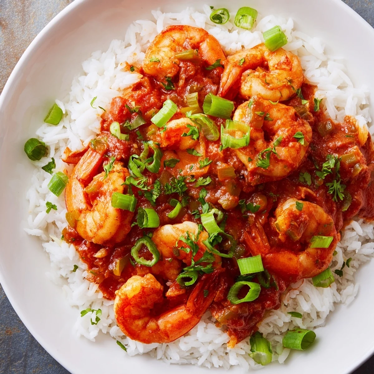 A vibrant bowl of Shrimp Creole with white rice, garnished with fresh green onions and parsley for a Louisiana-inspired meal.