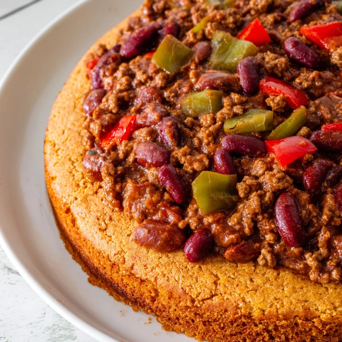 A close-up of hearty beef chili with a golden cornbread topping, served in a rustic skillet with melted cheese and cilantro.