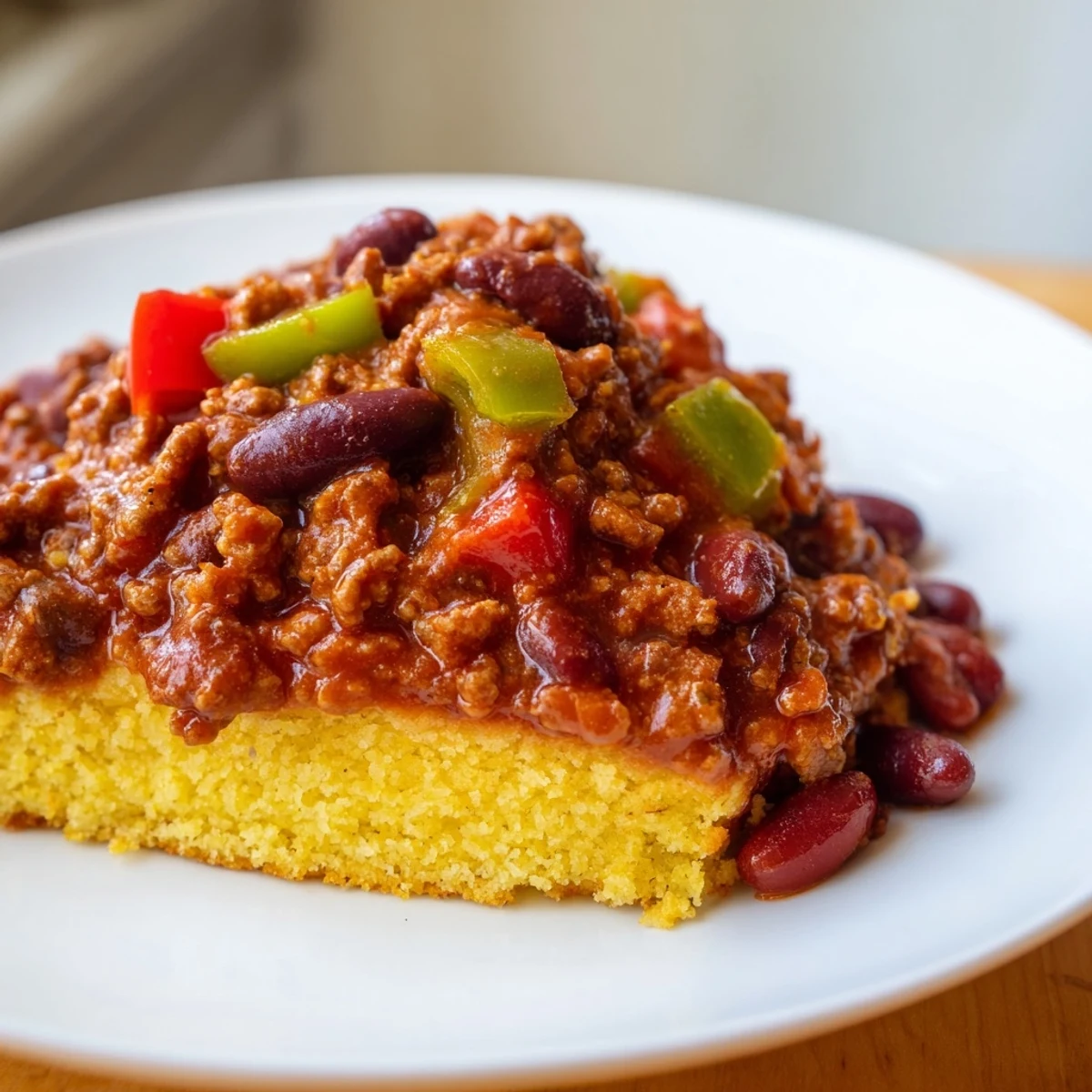 Spoon lifting a portion of beef chili and moist cornbread topping, revealing saucy kidney beans and diced peppers inside.