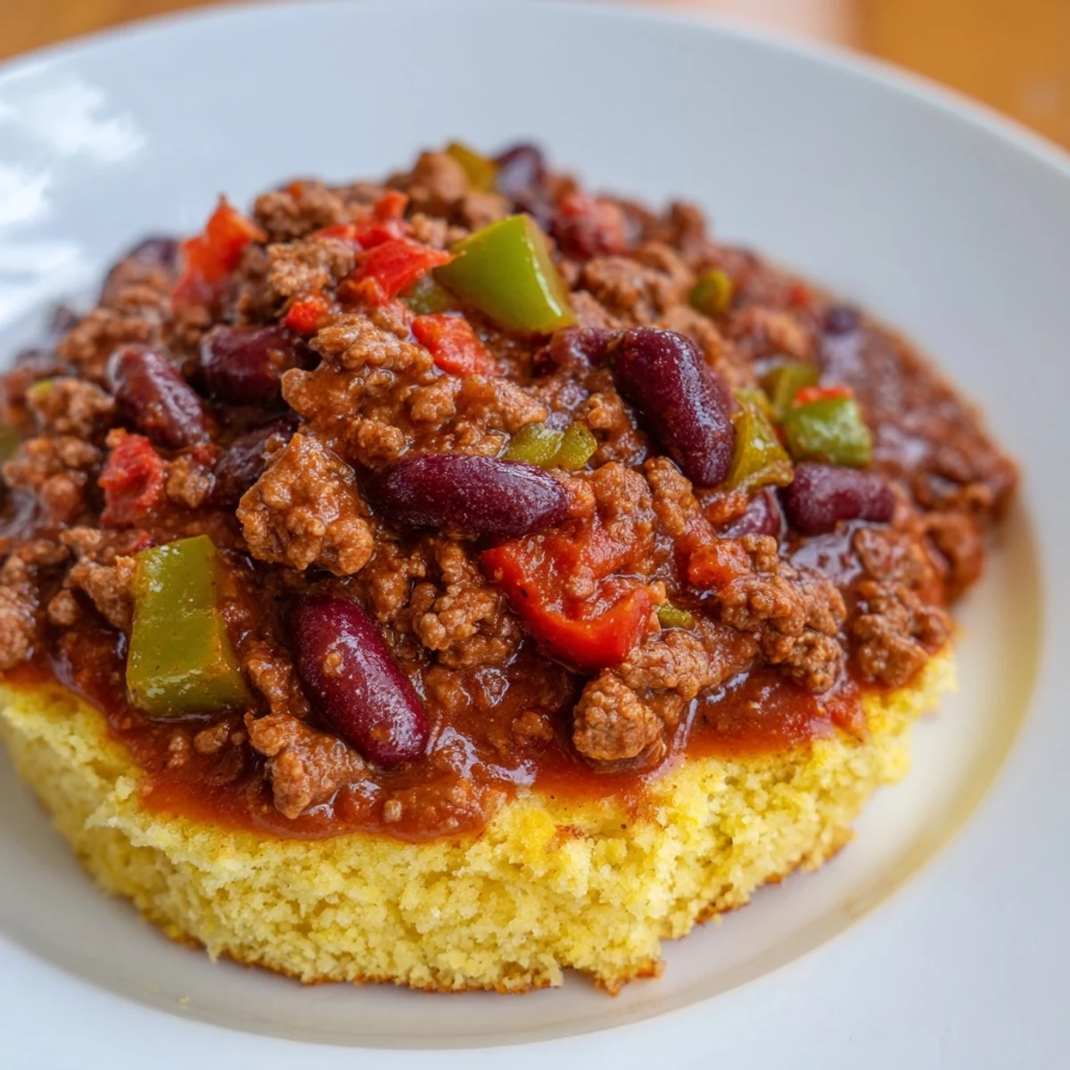 Bubbling beef chili with beans and peppers beneath a golden cornbread crust, ready to serve with a dollop of sour cream.