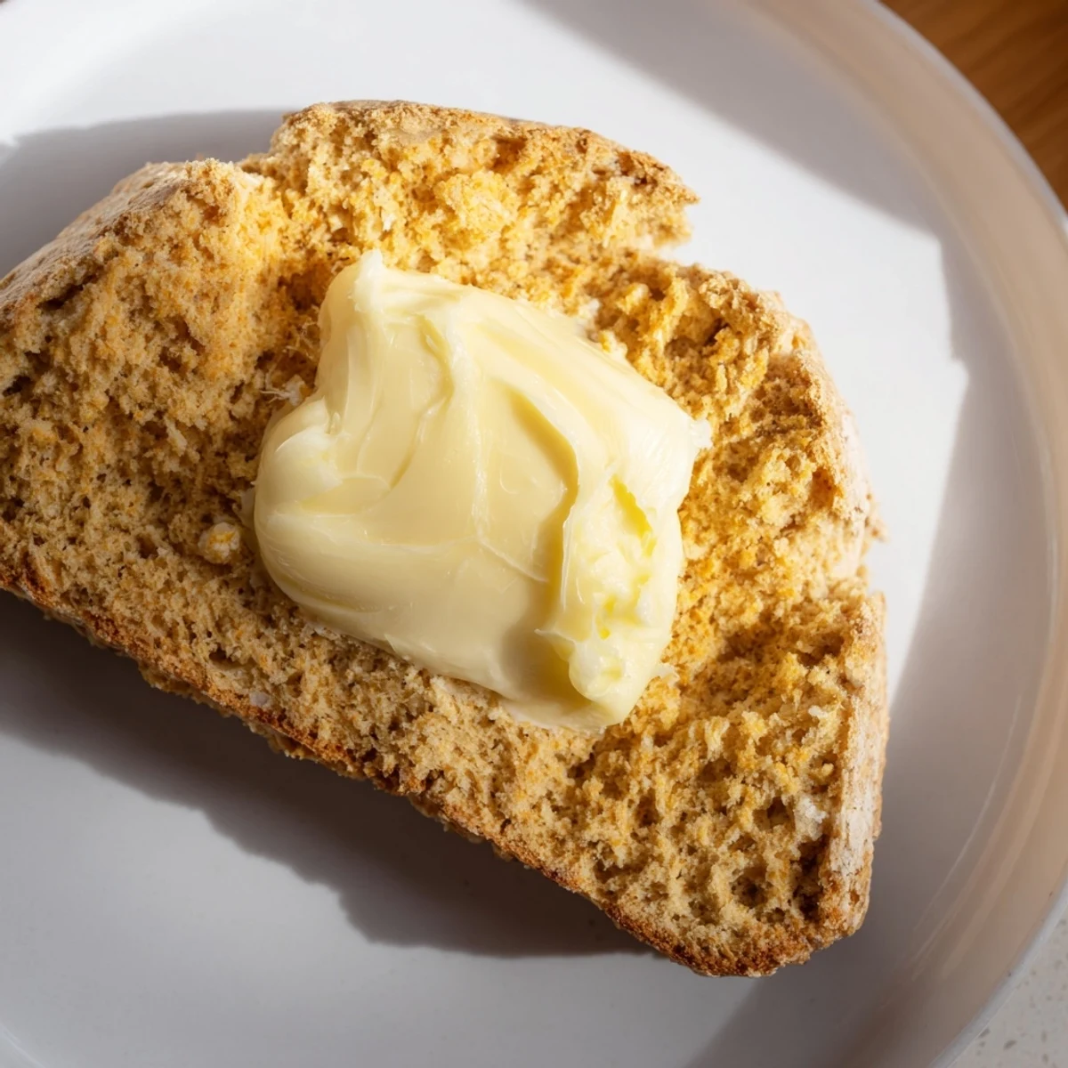 A rustic Soda Bread loaf with a golden crust, cut to show the tender crumb, served warm with melting Irish butter on a wooden board.  