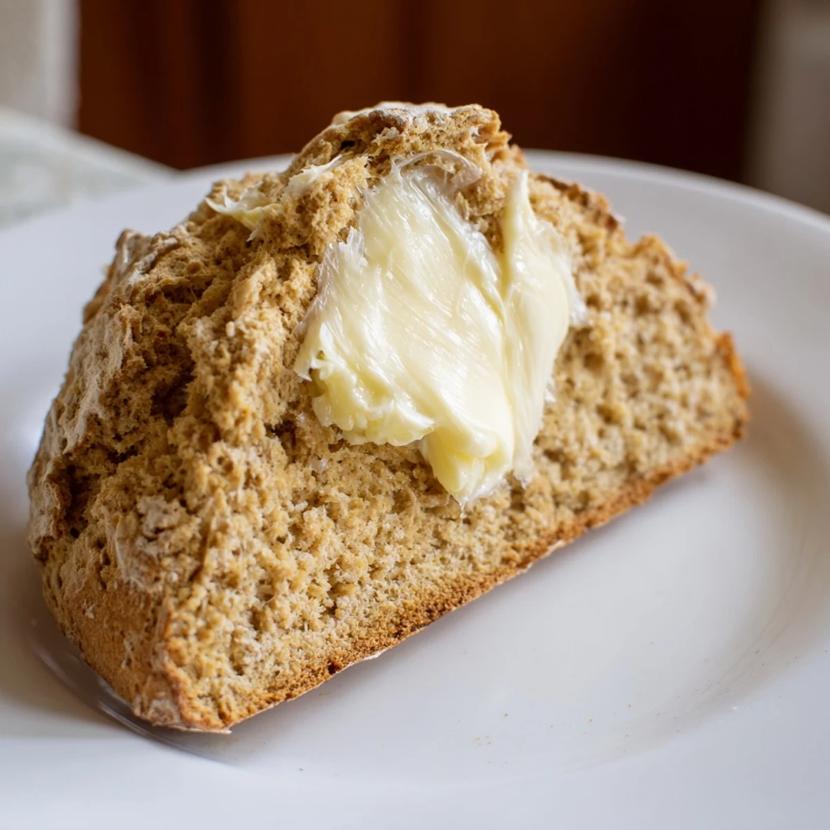 Perfectly round Soda Bread with a crisp crust, ready to serve alongside a generous pat of rich, creamy Irish butter.