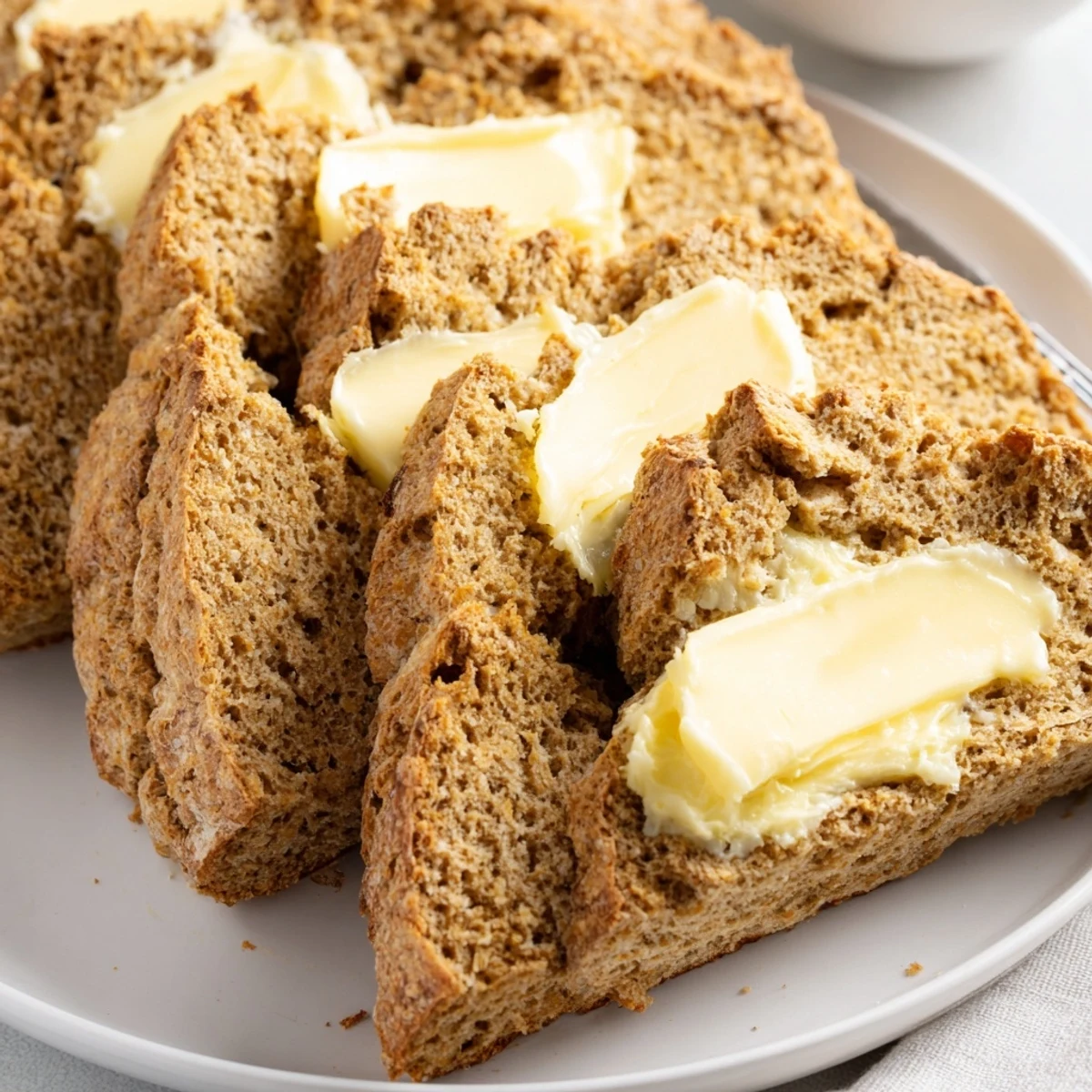 A golden loaf of Soda Bread with Irish Butter, freshly baked with a cross-cut top and a side of creamy butter ready to spread.