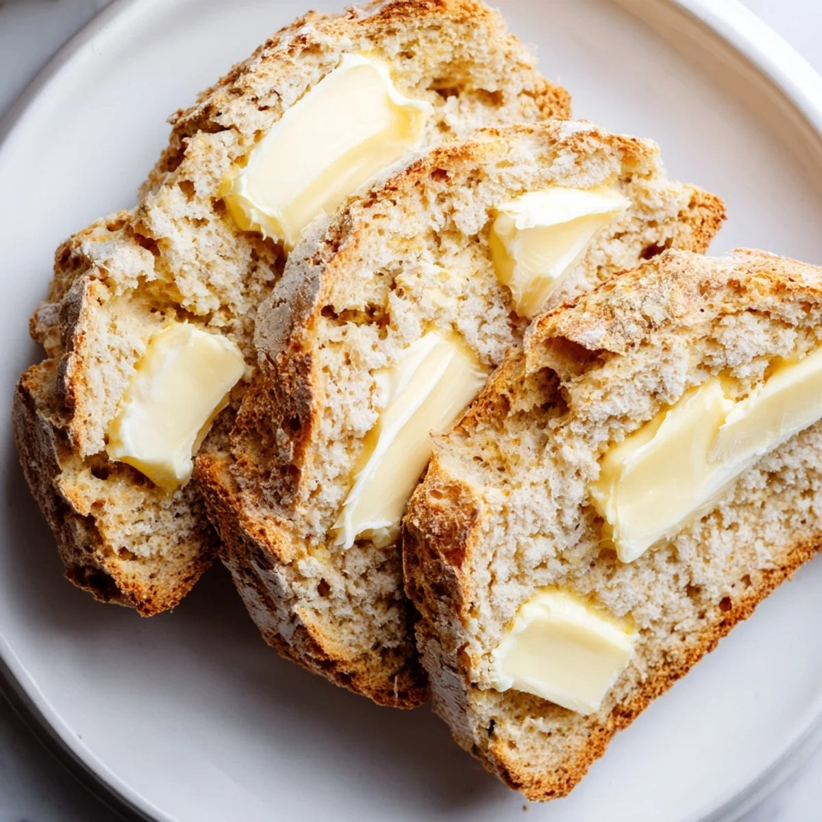 Freshly baked Soda Bread with Irish Butter rests on a wire cooling rack, emitting a comforting warmth with thick slices for serving.