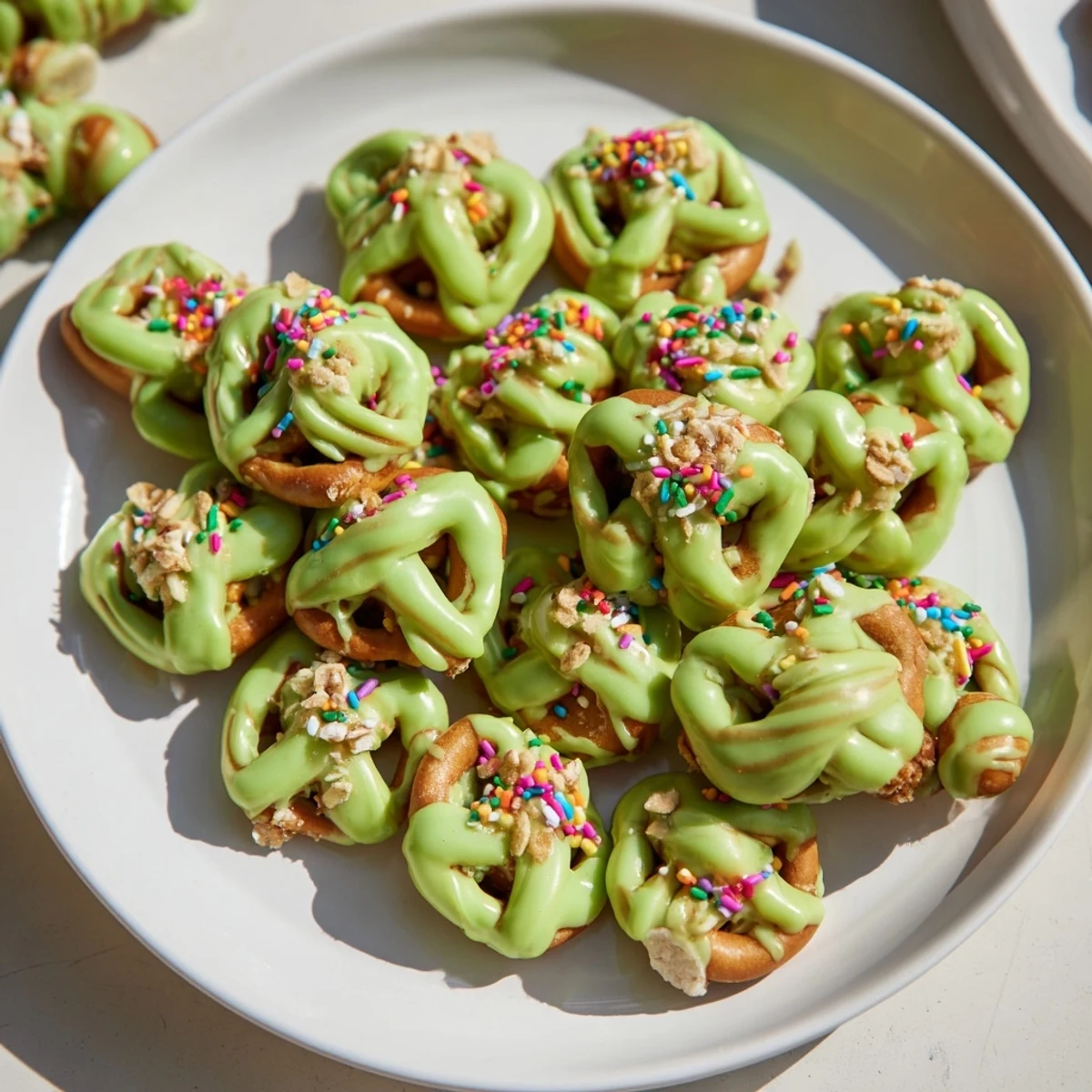 Pretzel Treats with Green Chocolate Drizzle sit on a parchment-lined tray, their sweet-and-salty crunch waiting to be enjoyed.