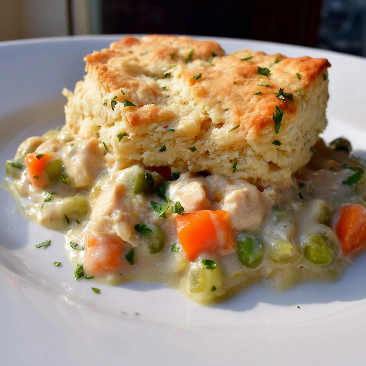 A rustic cast-iron skillet of homemade chicken pot pie with biscuit crust, peas, carrots, and fresh thyme beside it.