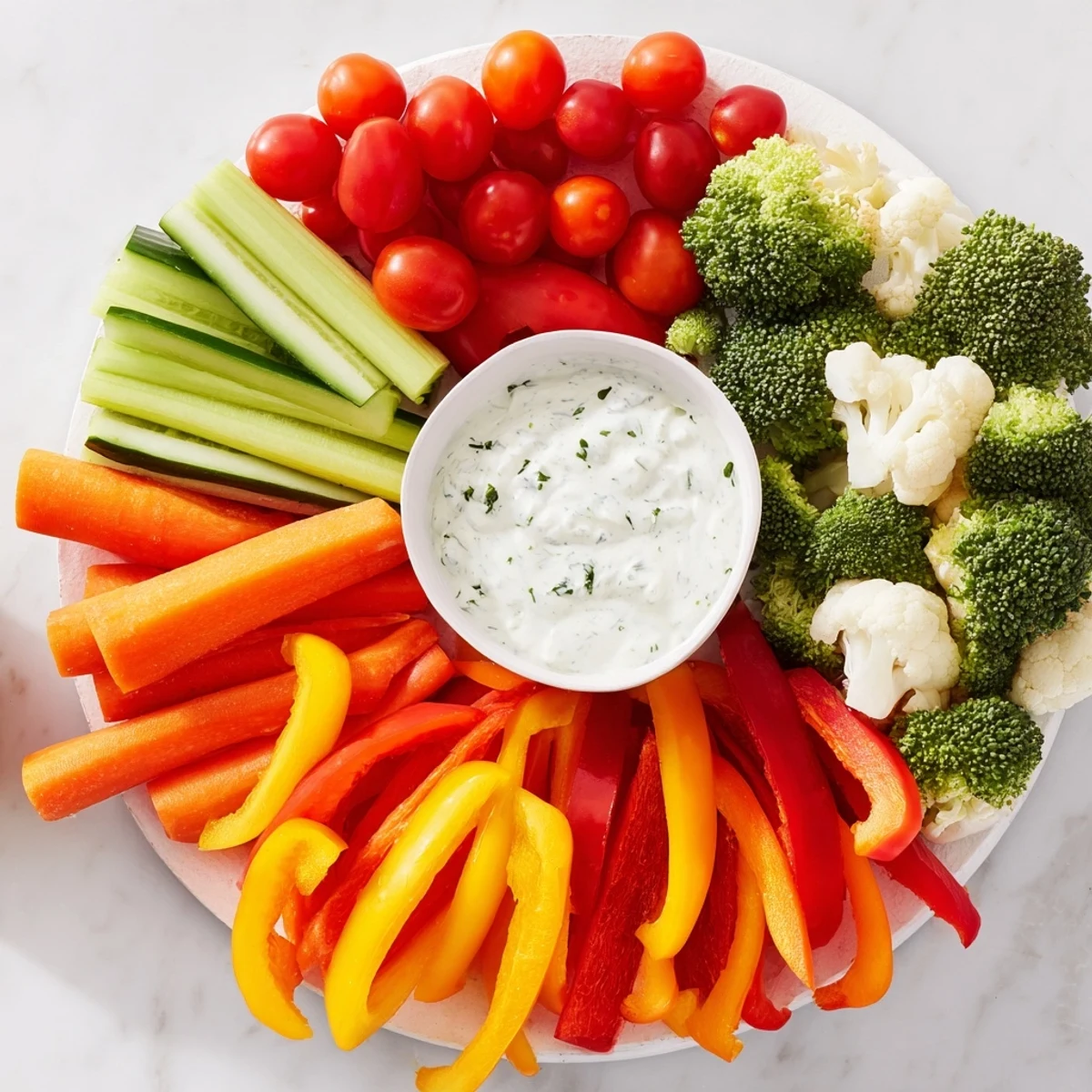 A colorful veggie tray with ranch dip, featuring crunchy broccoli florets, cucumber slices, and bell pepper strips.