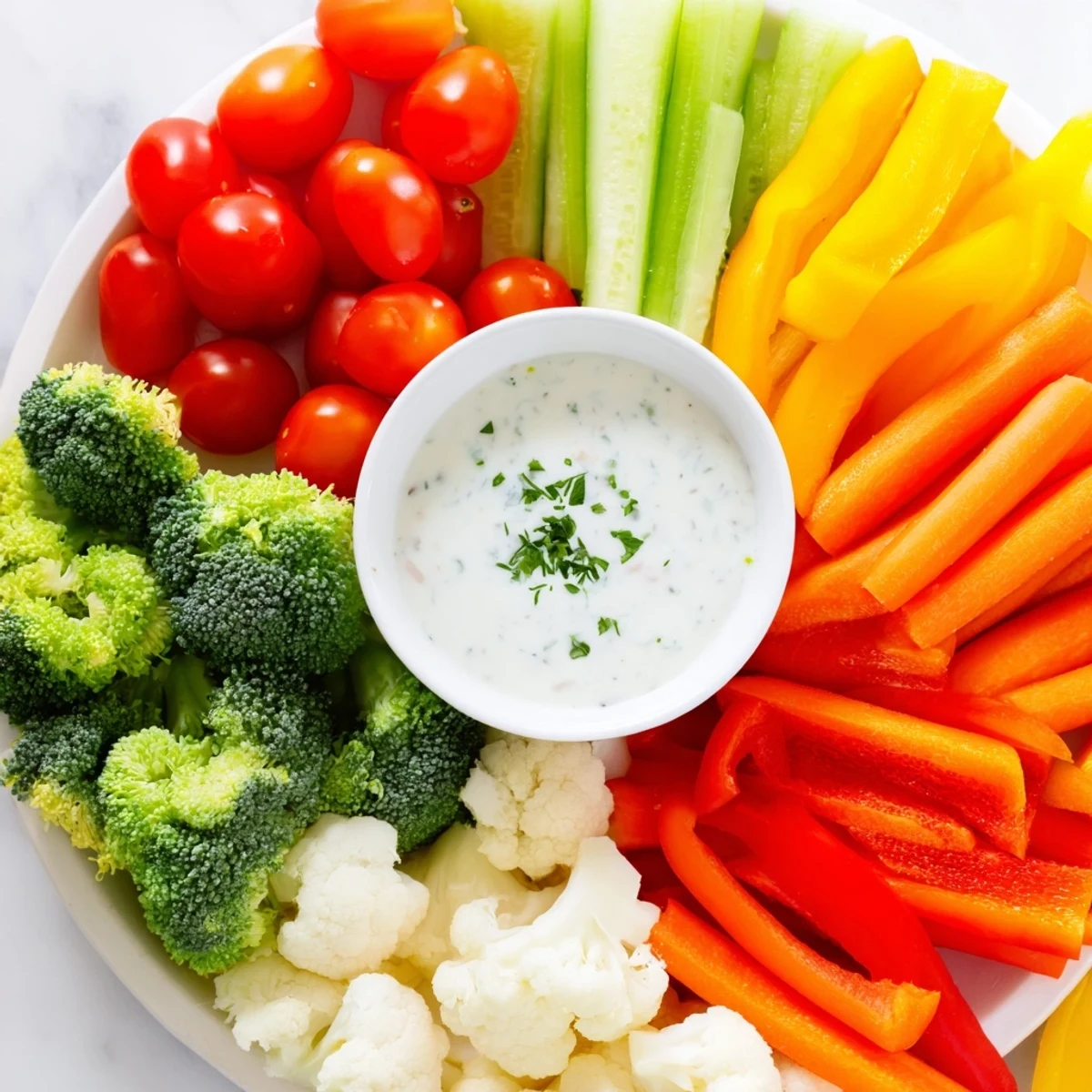 Crisp celery sticks, cauliflower florets, and cherry tomatoes arranged around a creamy ranch dip for a healthy party platter.