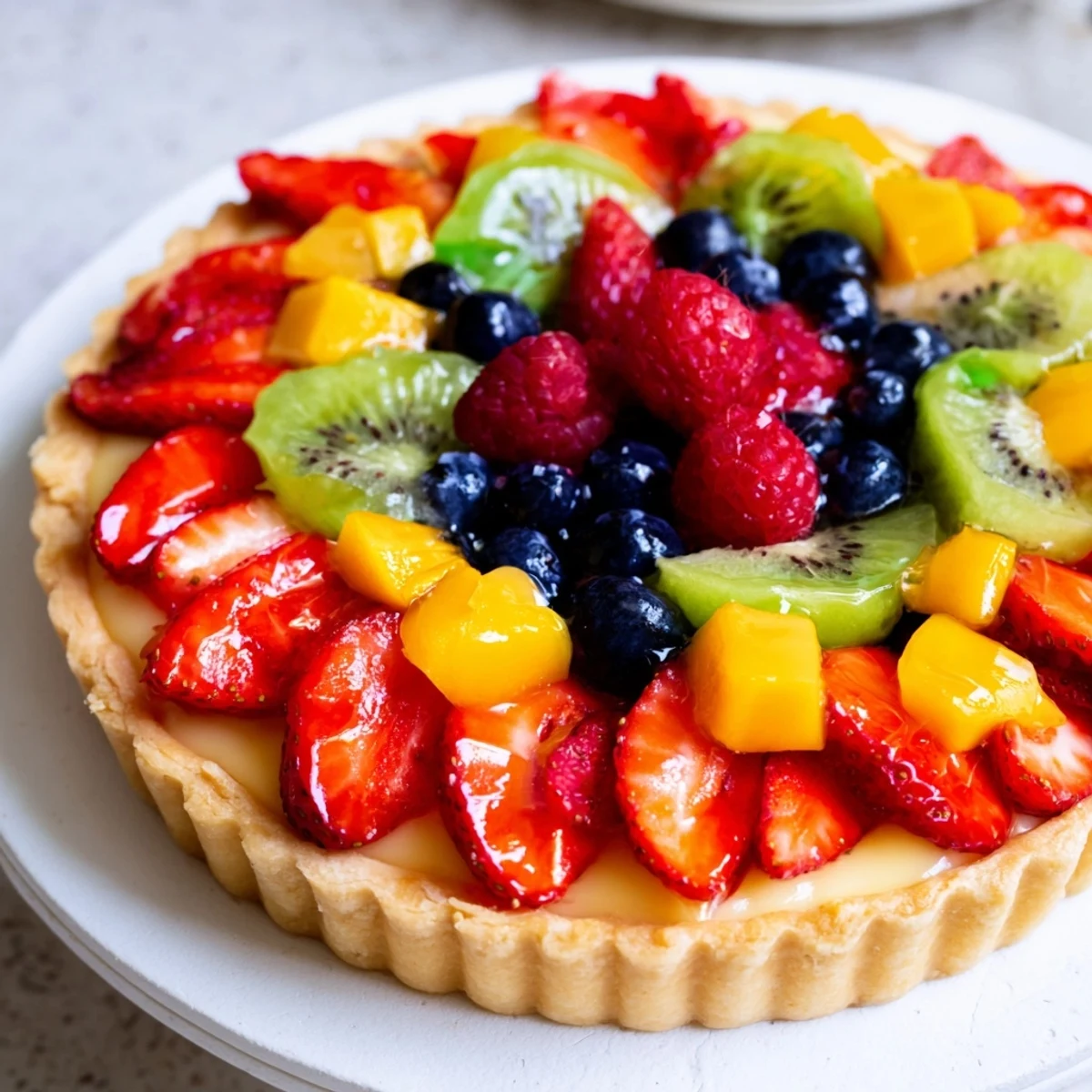 A close-up of a vibrant Fruit Tart with Vanilla Custard, showing smooth yellow custard beneath glossy fresh berries and sliced kiwi in a golden, crumbly tart shell.