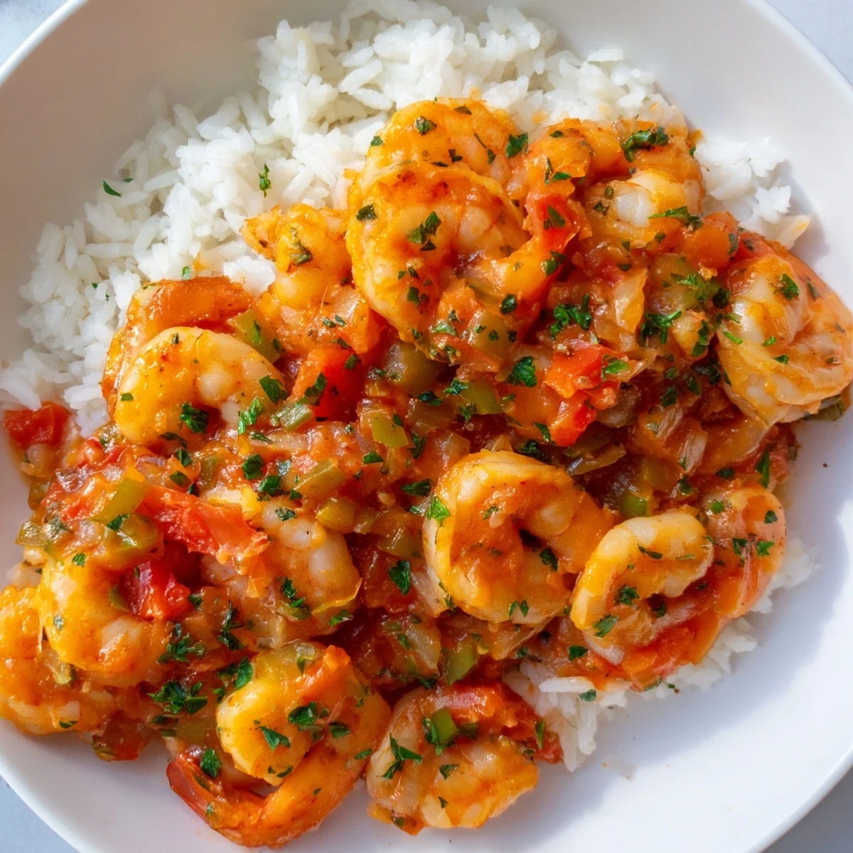 A steaming plate of Shrimp Creole with fluffy white rice, featuring plump pink shrimp in a rich, tomato-based Creole sauce.