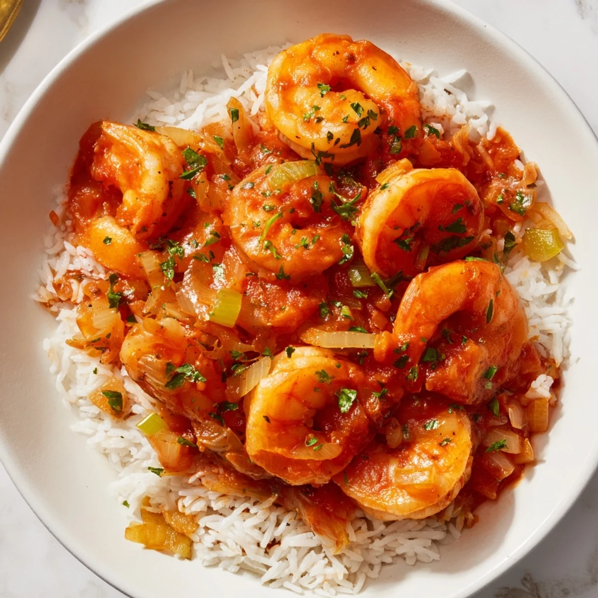 A close-up of tender shrimp simmered in a vibrant Creole sauce, piled high over a bed of white rice.