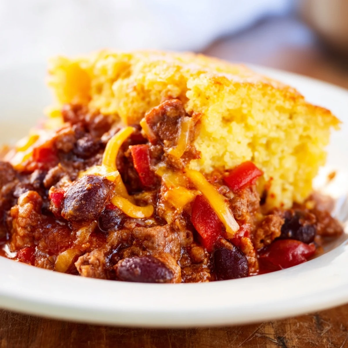A hearty serving of Beef Chili with Cornbread Topping in a rustic skillet, featuring a golden, fluffy crust over the savory meat and beans.