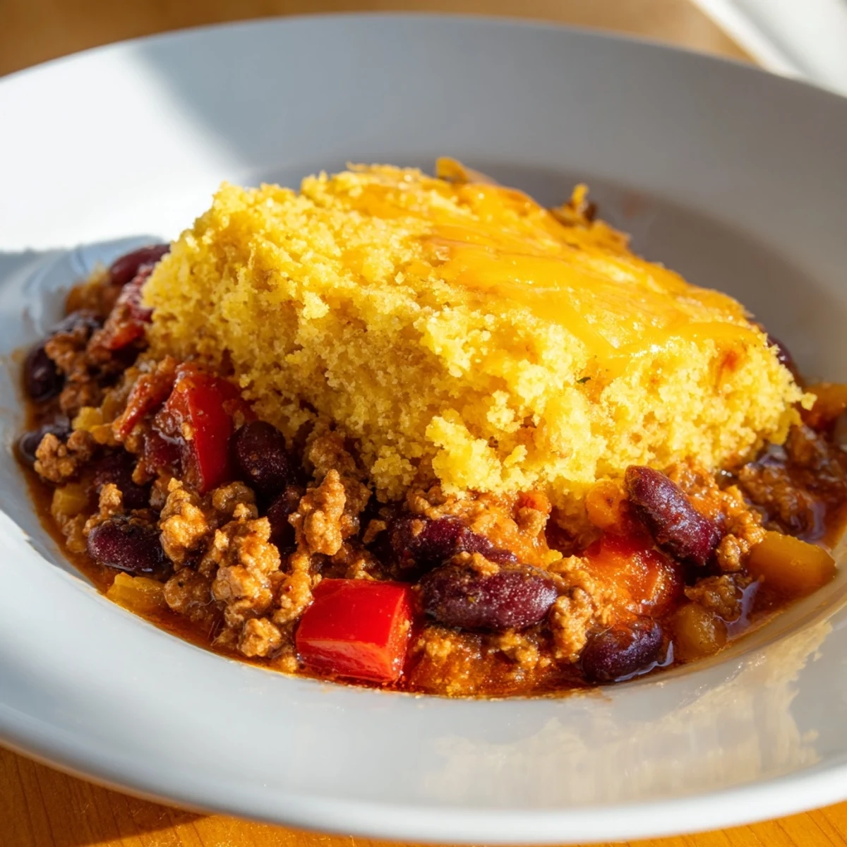 Close-up view of Beef Chili with Cornbread Topping, revealing the rich, chunky beef and bean layer beneath the bubbly, cheddar-flecked cornbread crust.