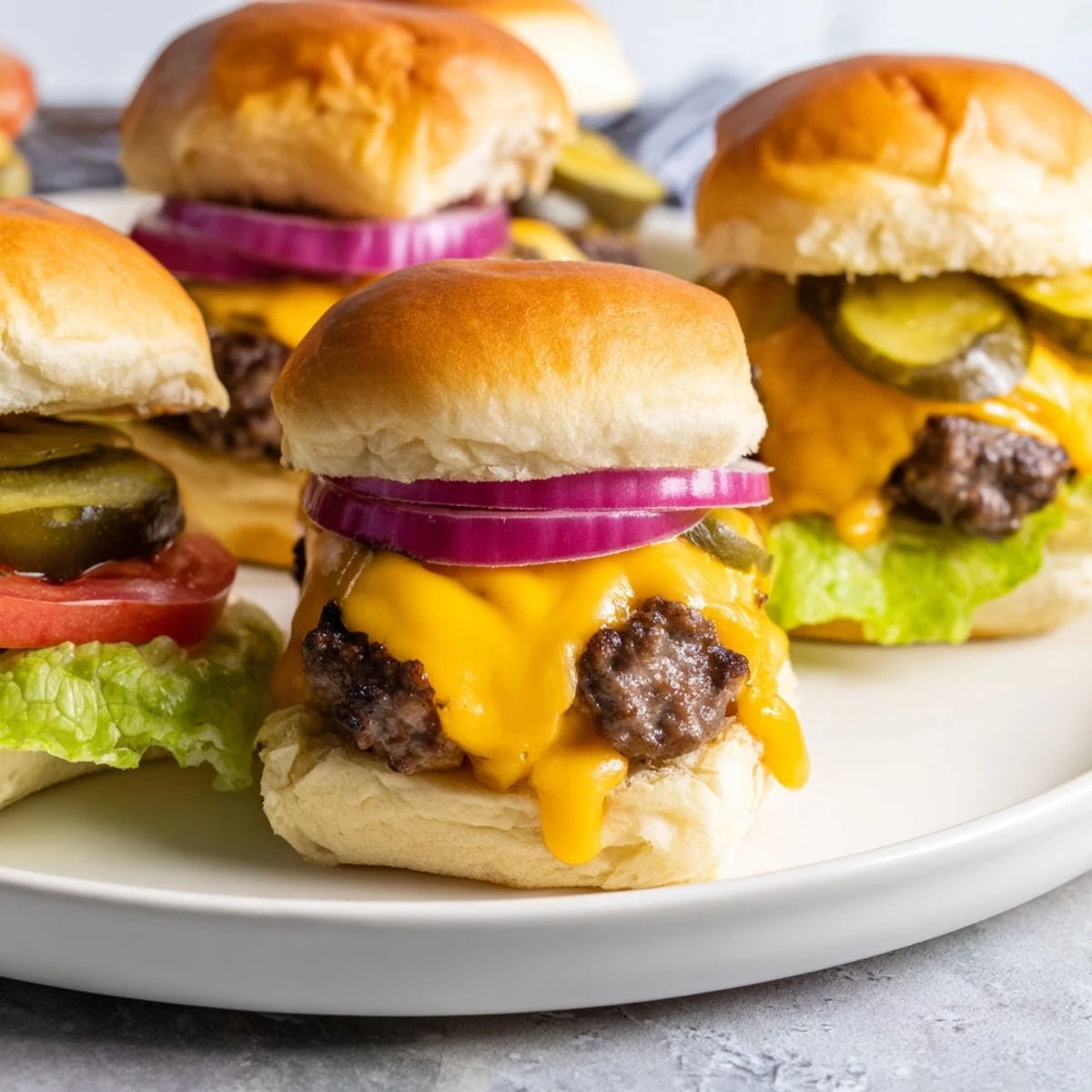 Freshly cooked Beef Sliders with Cheddar Cheese arranged on a platter, showcasing juicy patties and soft buns for a party spread.