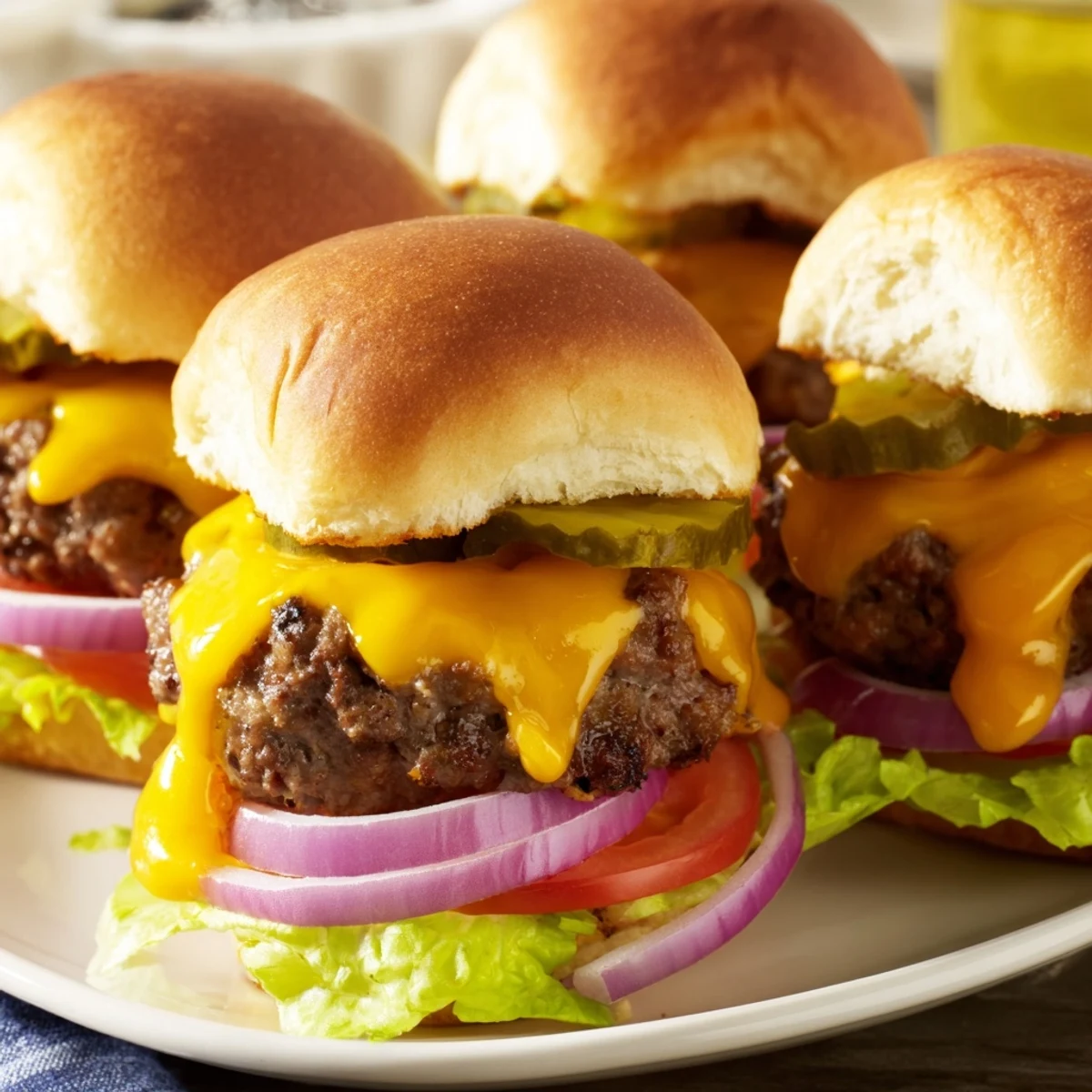 Golden-brown beef sliders with melted cheddar cheese on toasted buns, topped with fresh lettuce, tomato, and pickles, ready to serve.
