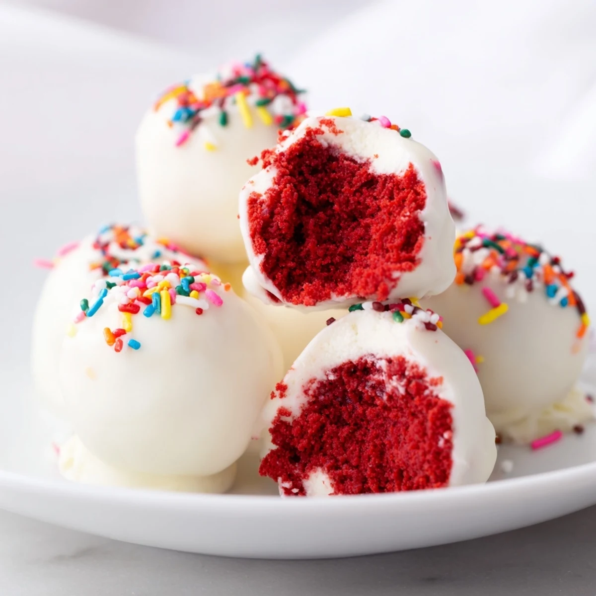 Bright red velvet cake pops coated in smooth white chocolate, ready for dipping and serving at parties.
