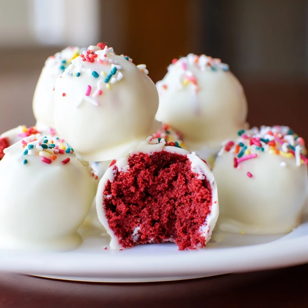 Moist red velvet balls on sticks, dipped in white chocolate, displayed on a festive dessert platter.