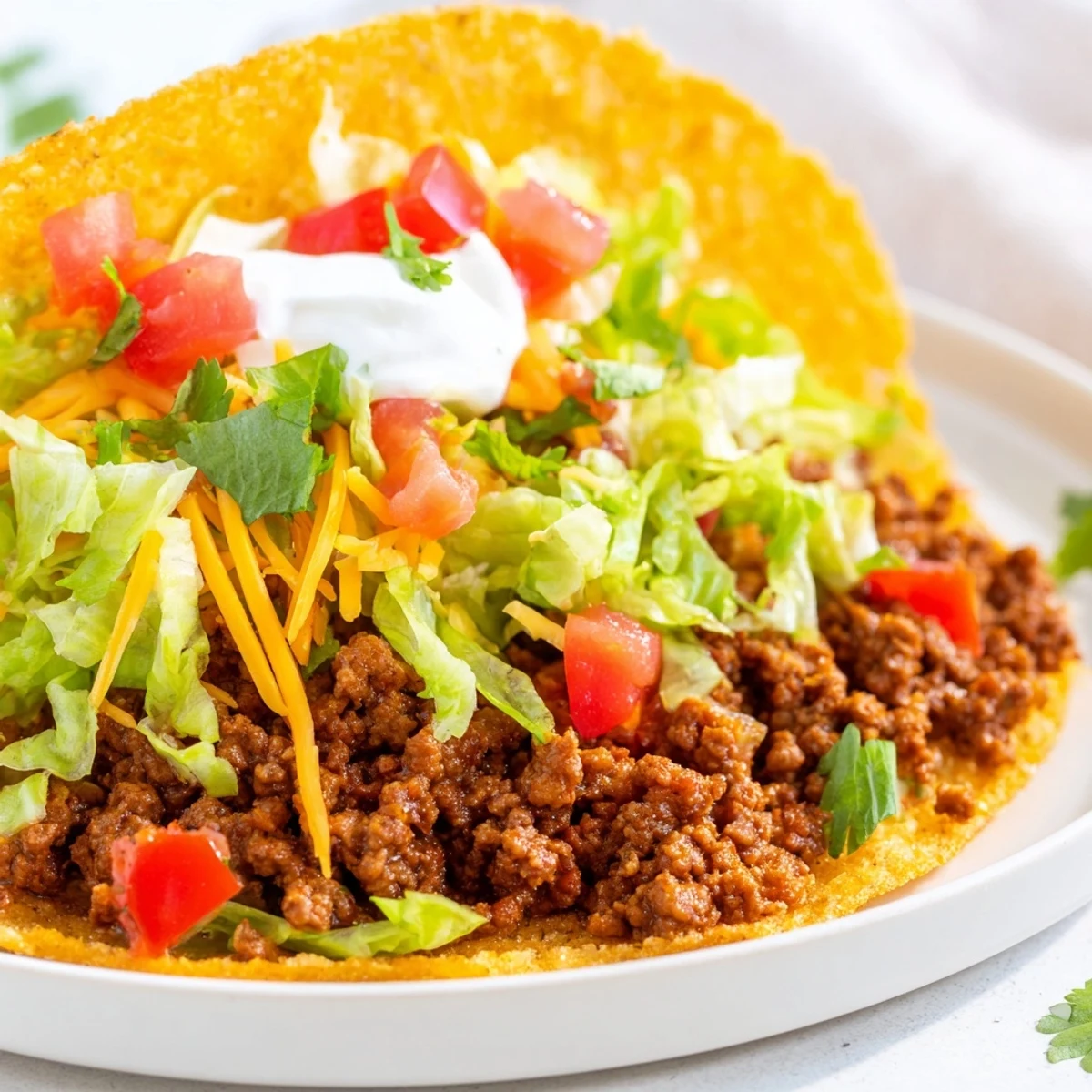 Golden, crispy hard-shell beef tacos filled with seasoned ground beef, shredded lettuce, and cheddar cheese on a platter.