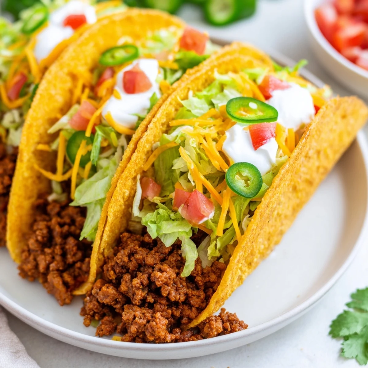 Beef tacos with hard shells loaded with savory ground beef, diced tomatoes, and cilantro, served with lime wedges for squeezing.