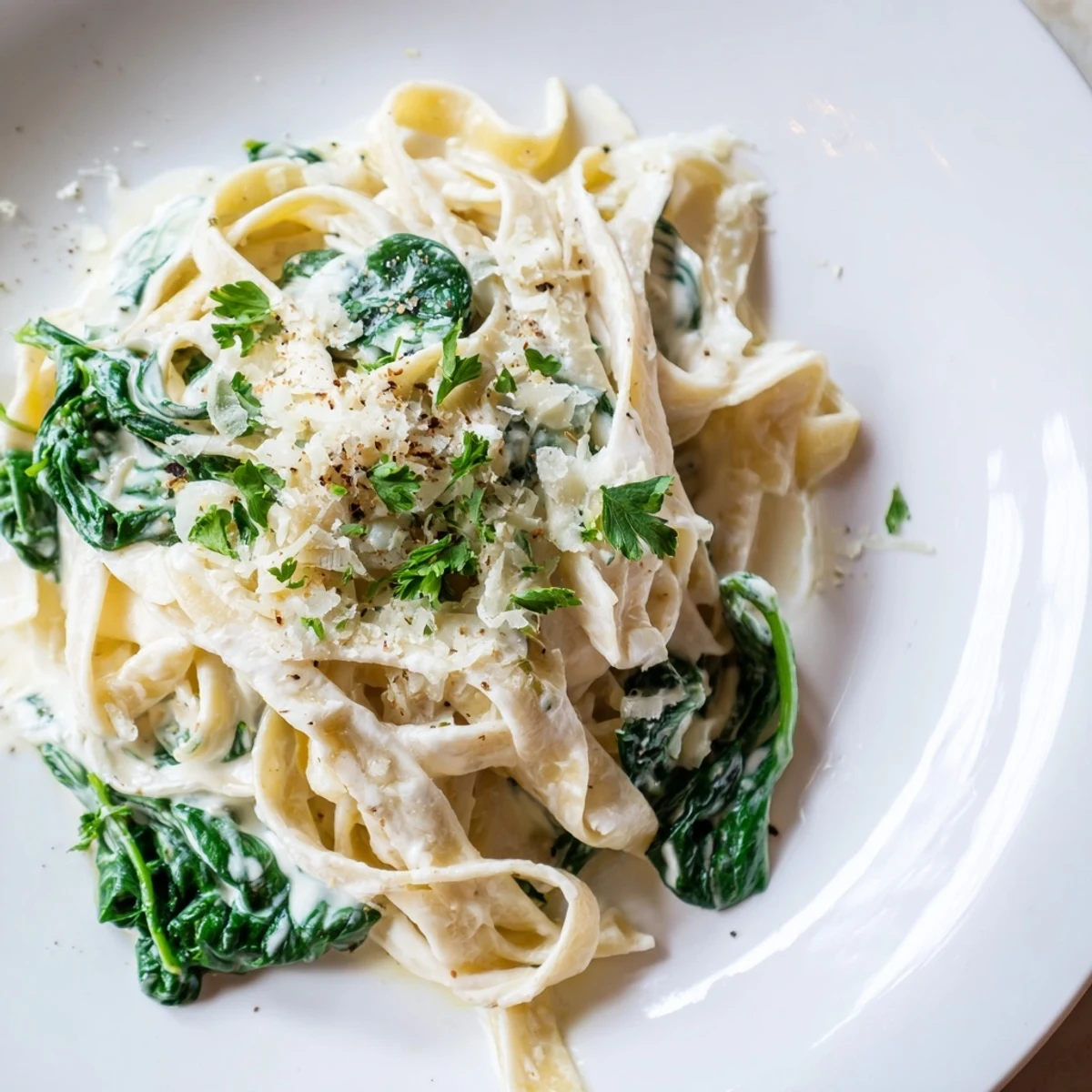Freshly cooked fettuccine tossed in a rich, garlicky cream sauce with wilted baby spinach and grated Parmesan, garnished with parsley.