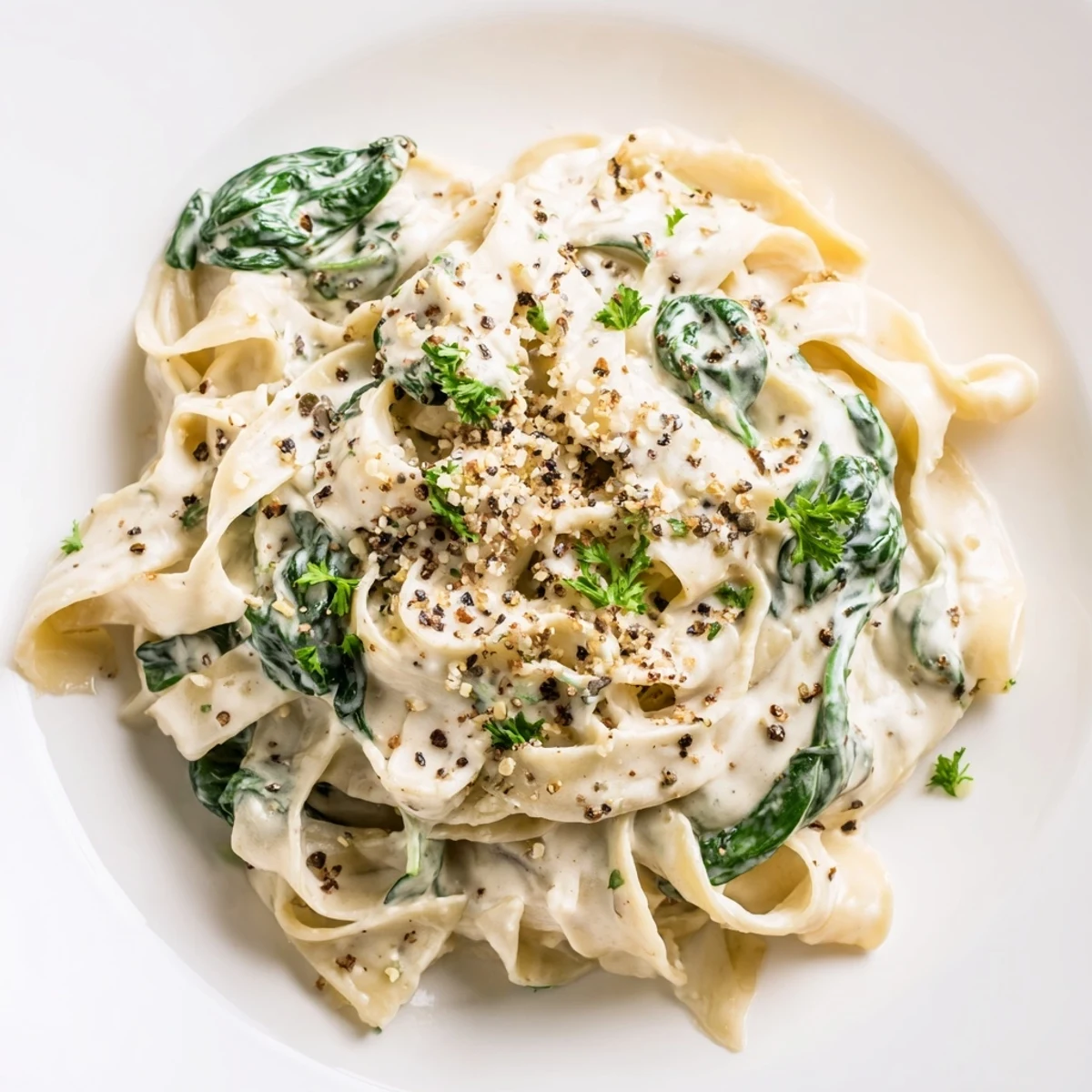 Steaming bowl of Creamy Spinach Pasta with Garlic next to a glass of white wine on a rustic wooden table.