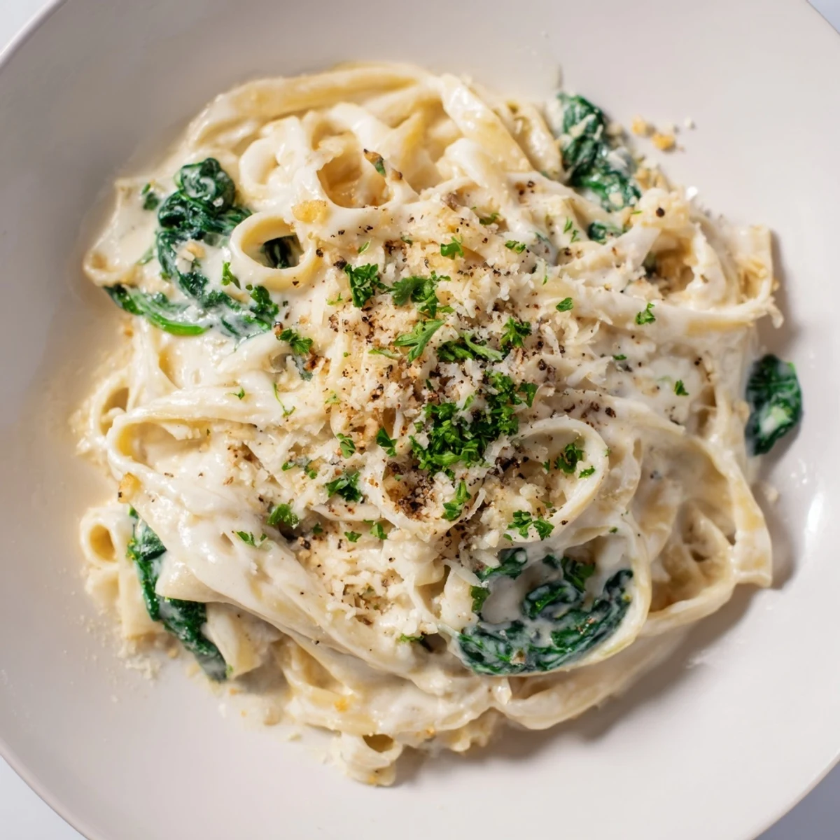 Quick weeknight Creamy Spinach Pasta with Garlic garnished with extra Parmesan and black pepper, served al dente in a skillet.