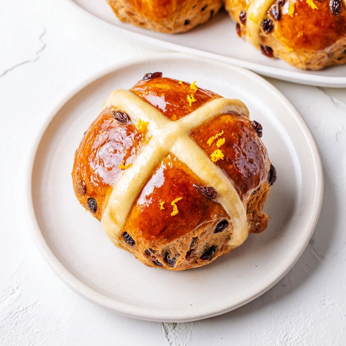 Glazed Easter Hot Cross Buns are arranged on a rustic wooden board with a knife and orange zest nearby for serving.