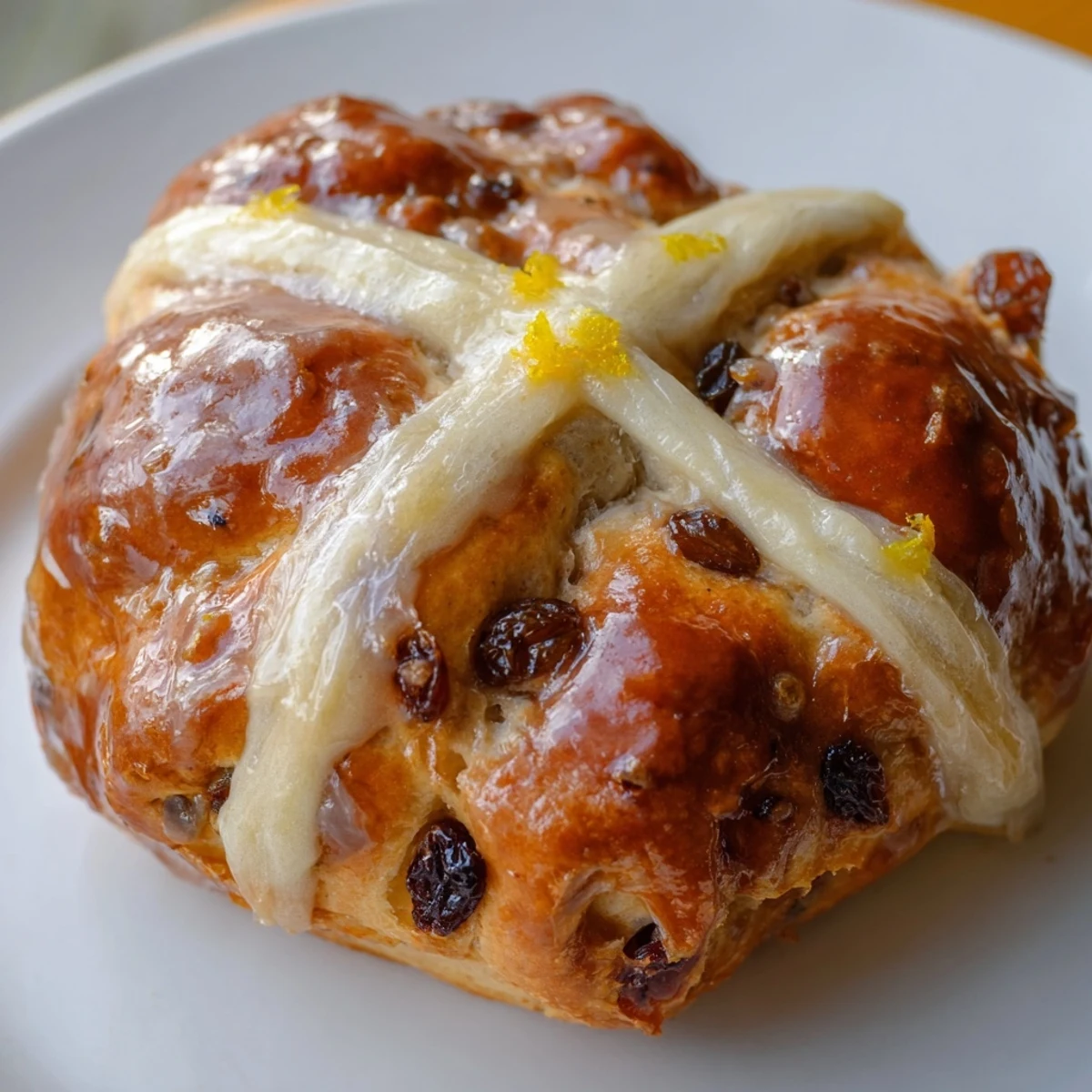 Freshly baked Easter Hot Cross Buns sit on a wire rack, showcasing golden crusts, a signature cross, and warm, spiced aromas.