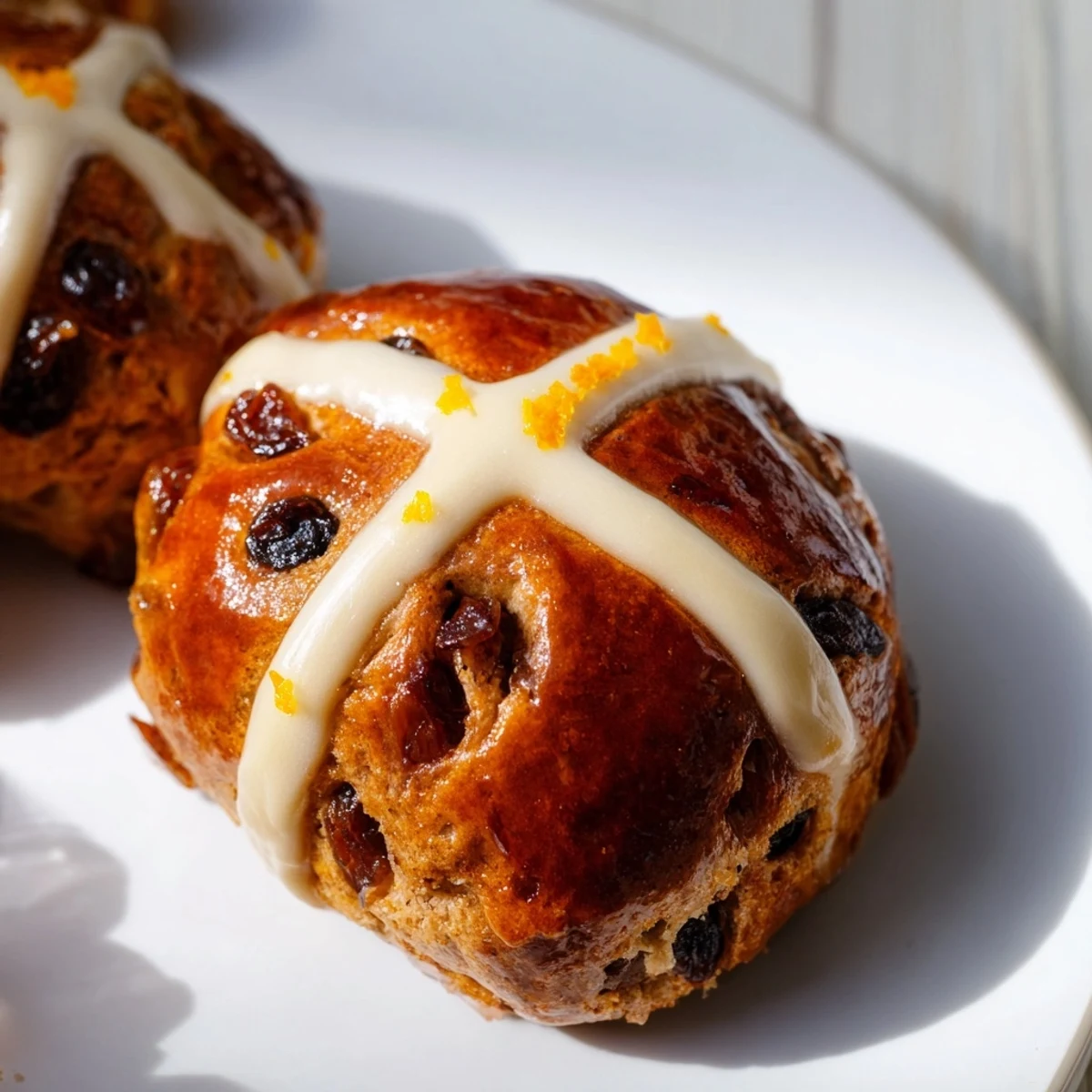 Close-up of Easter Hot Cross Buns revealing soft crumbs, plump dried fruit, and a glossy apricot glaze under soft light.