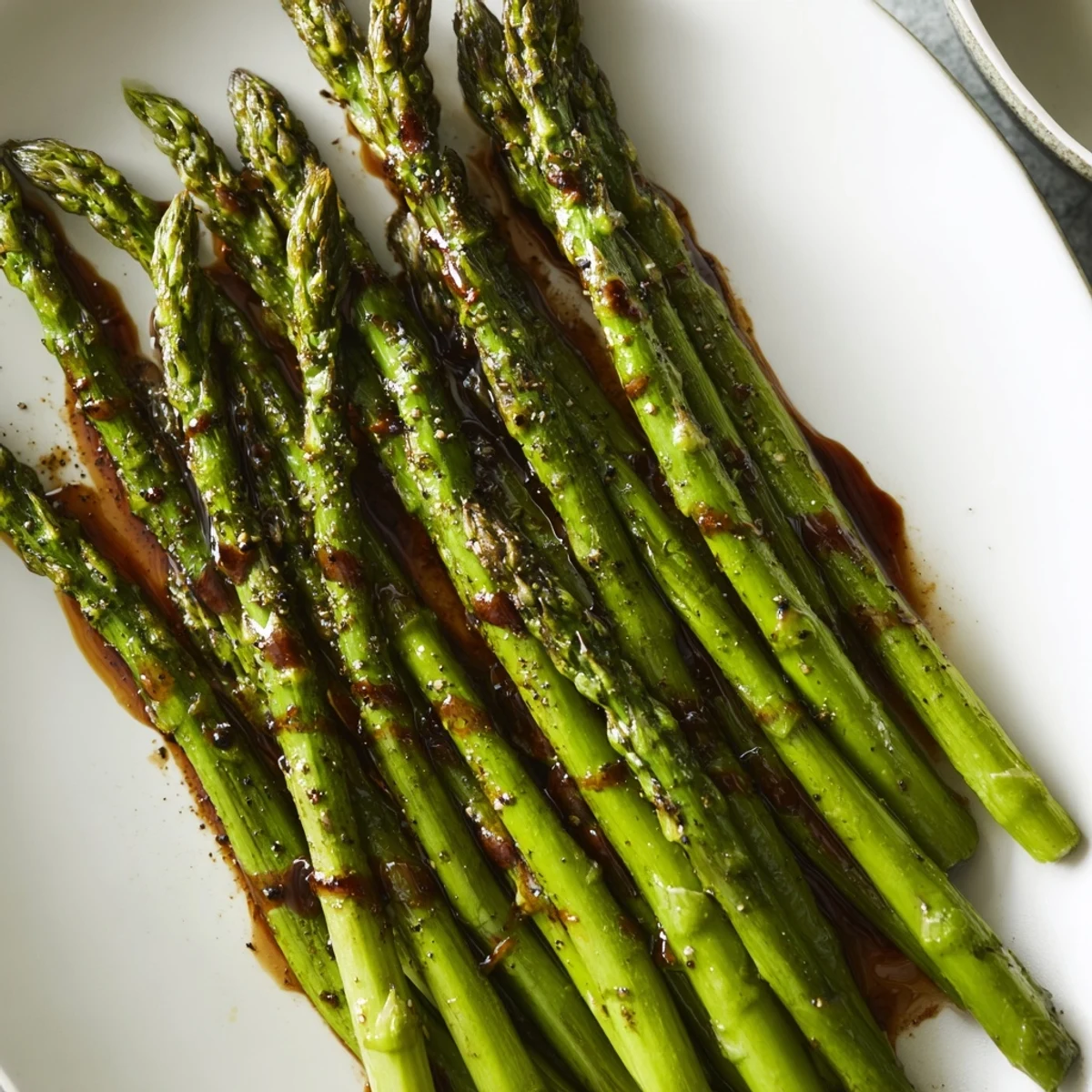 Close-up of roasted asparagus with balsamic glaze, showing caramelized tips and glossy drizzle. 