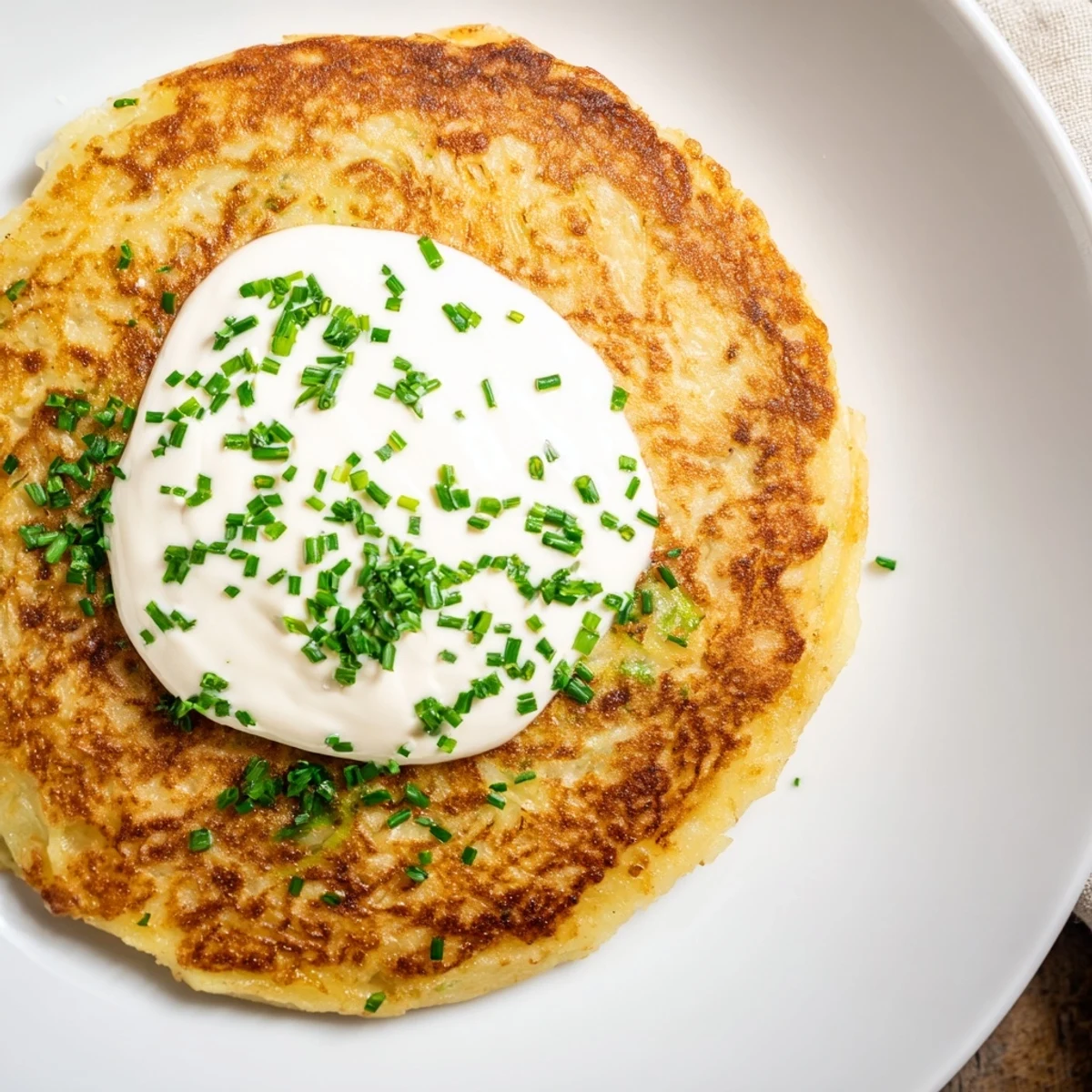 Golden-brown Irish Boxty with Sour Cream stacked on a plate, garnished with fresh chives and a creamy dollop.